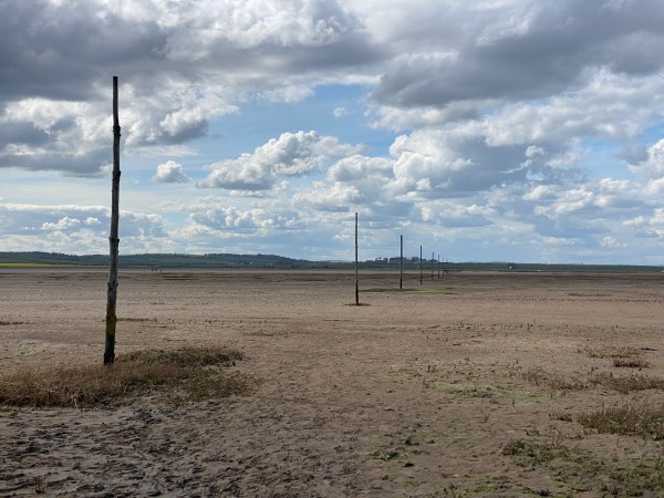 Poles mark route across sand